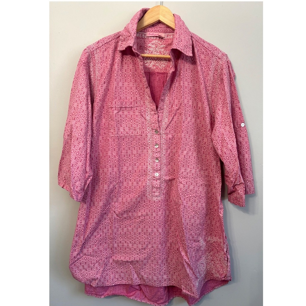 Fresh Produce XL / XXL Popover‎ Top Pink Tunic Shirt Embroidered Roll Tab Sleeve